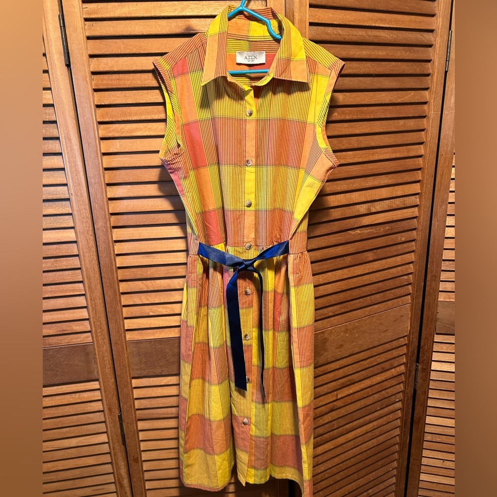 A.T.U.N. Yellow, Orange & Blue Plaid Buttoned Front Sleeveless Shirt Waist Dress